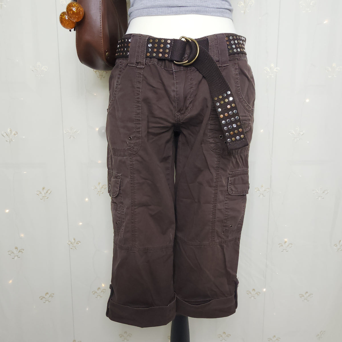 Y2K Brown Lowrise Cargo Capris with Built-In Studded Belt