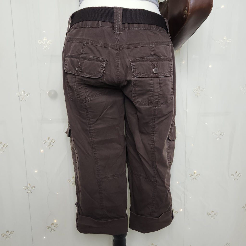 Y2K Brown Lowrise Cargo Capris with Built-In Studded Belt