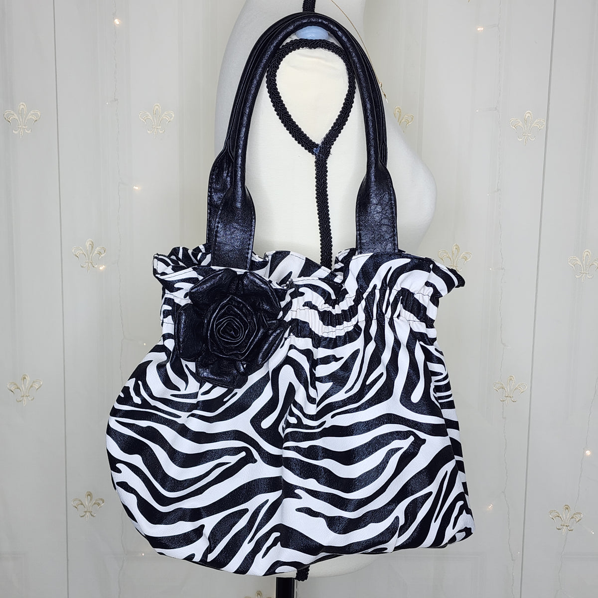 Y2K Styled Zebra Print Shoulder Bag with Flower Detail