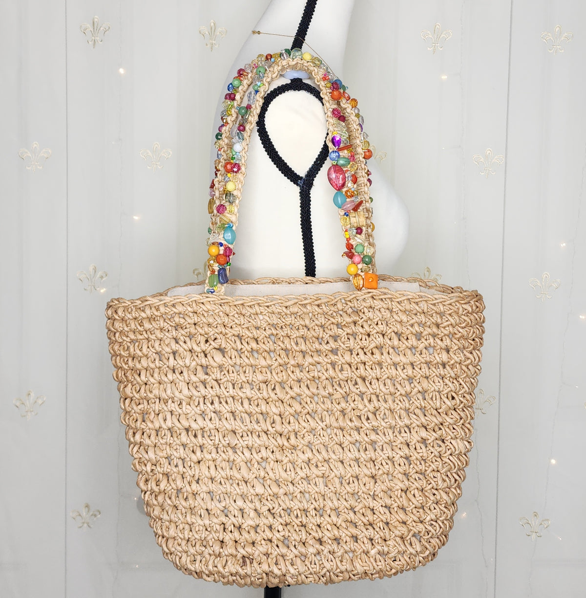 Y2K Woven Straw Beach Shoulder Handbag with Colorful Beads Details