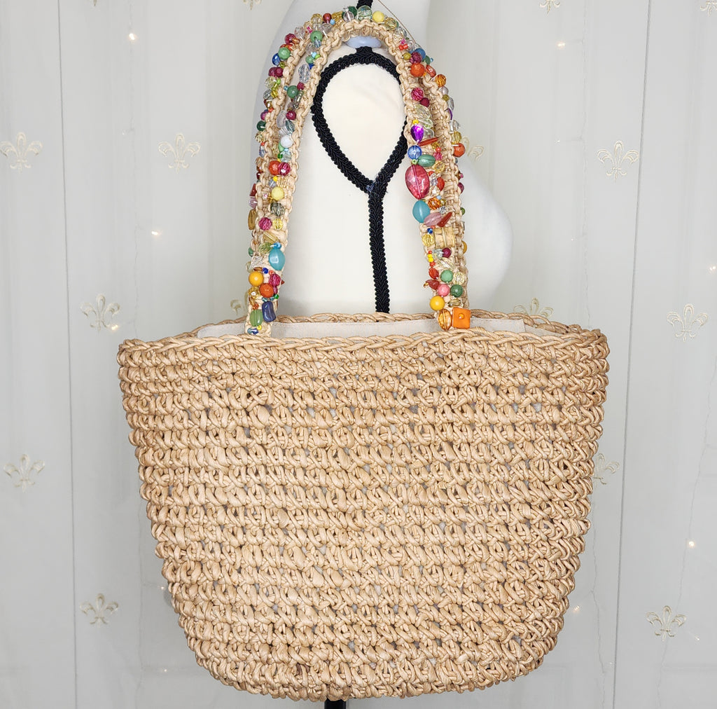 Y2K Woven Straw Beach Shoulder Handbag with Colorful Beads Details