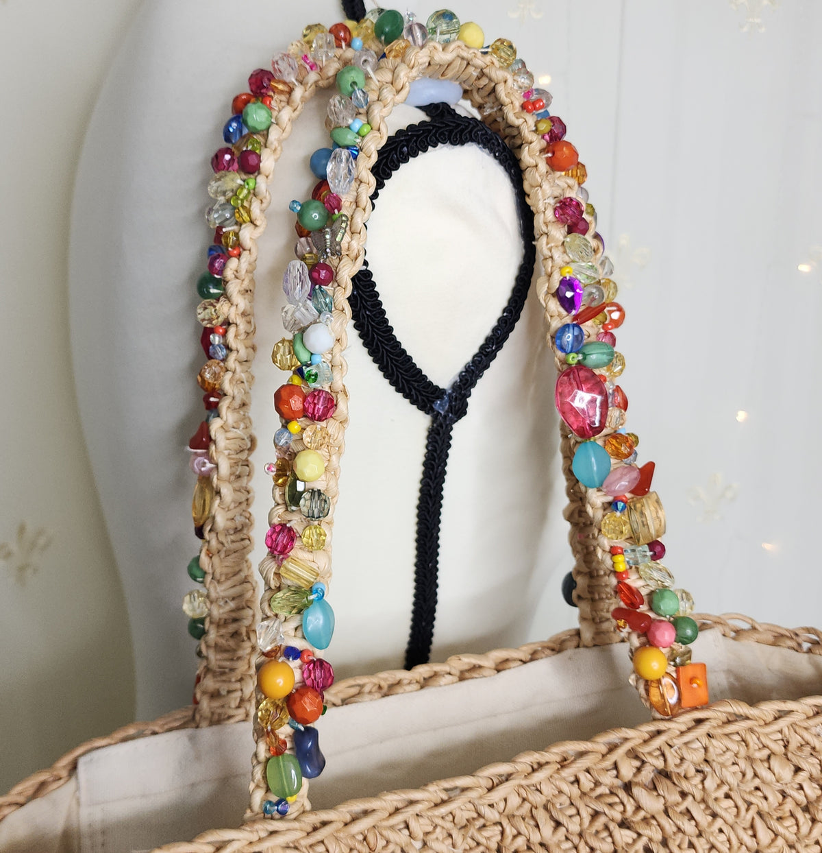 Y2K Woven Straw Beach Shoulder Handbag with Colorful Beads Details