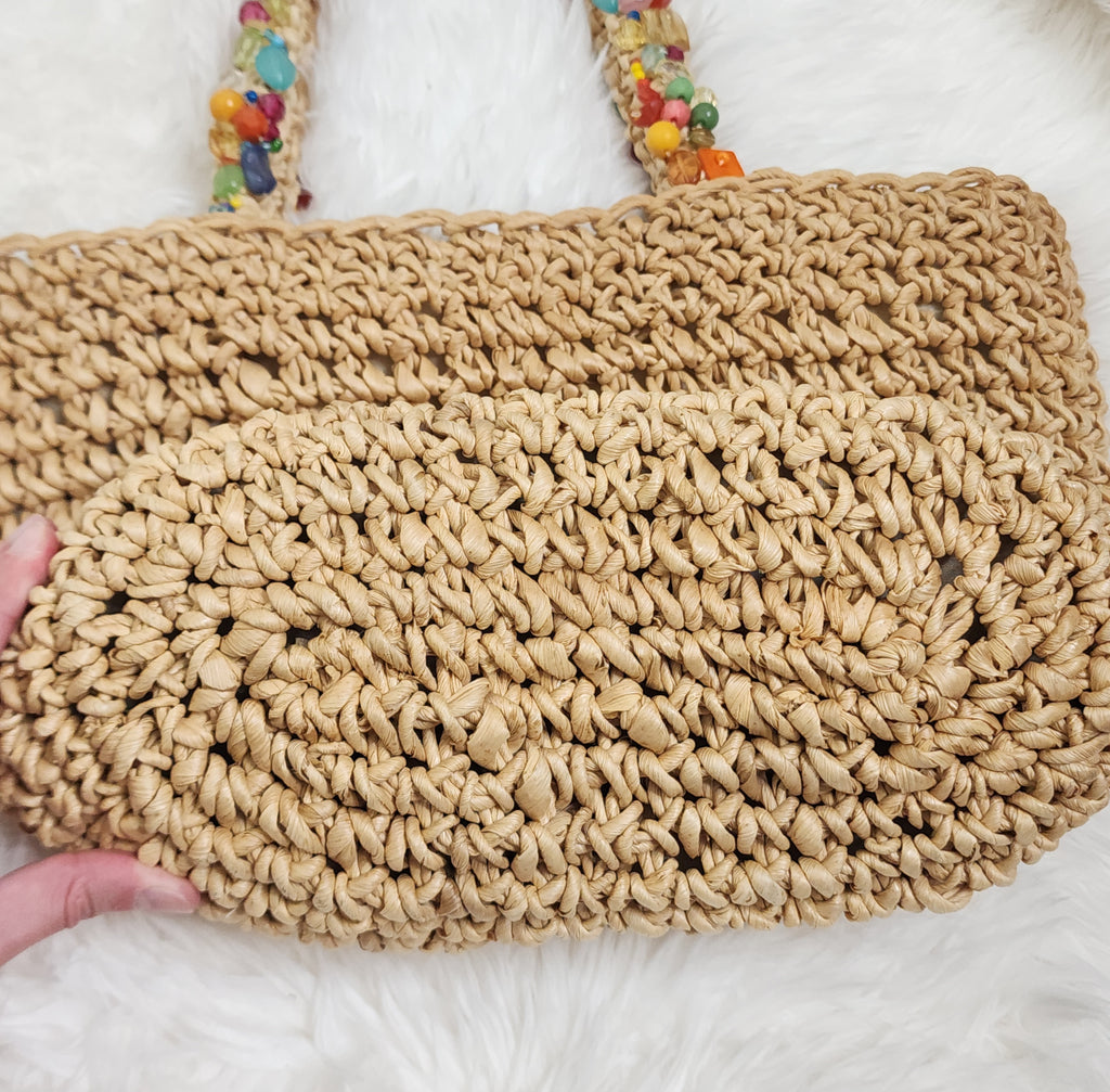 Y2K Woven Straw Beach Shoulder Handbag with Colorful Beads Details