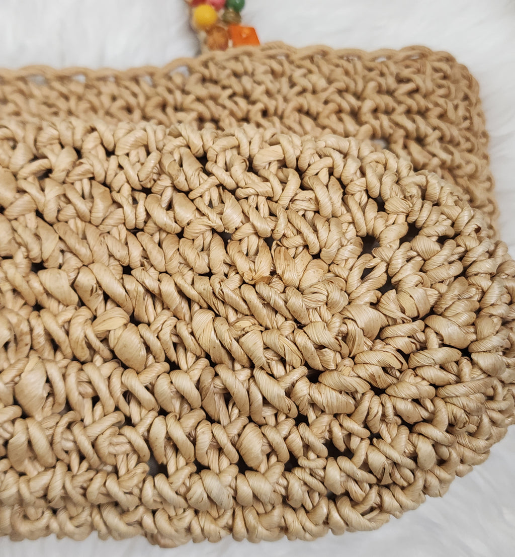 Y2K Woven Straw Beach Shoulder Handbag with Colorful Beads Details