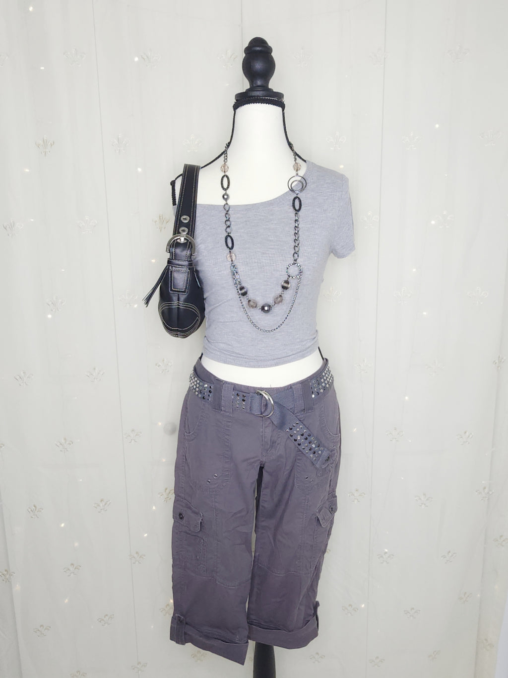 Y2K Grey Lowrise Cargo Capris with Built-In Studded Belt