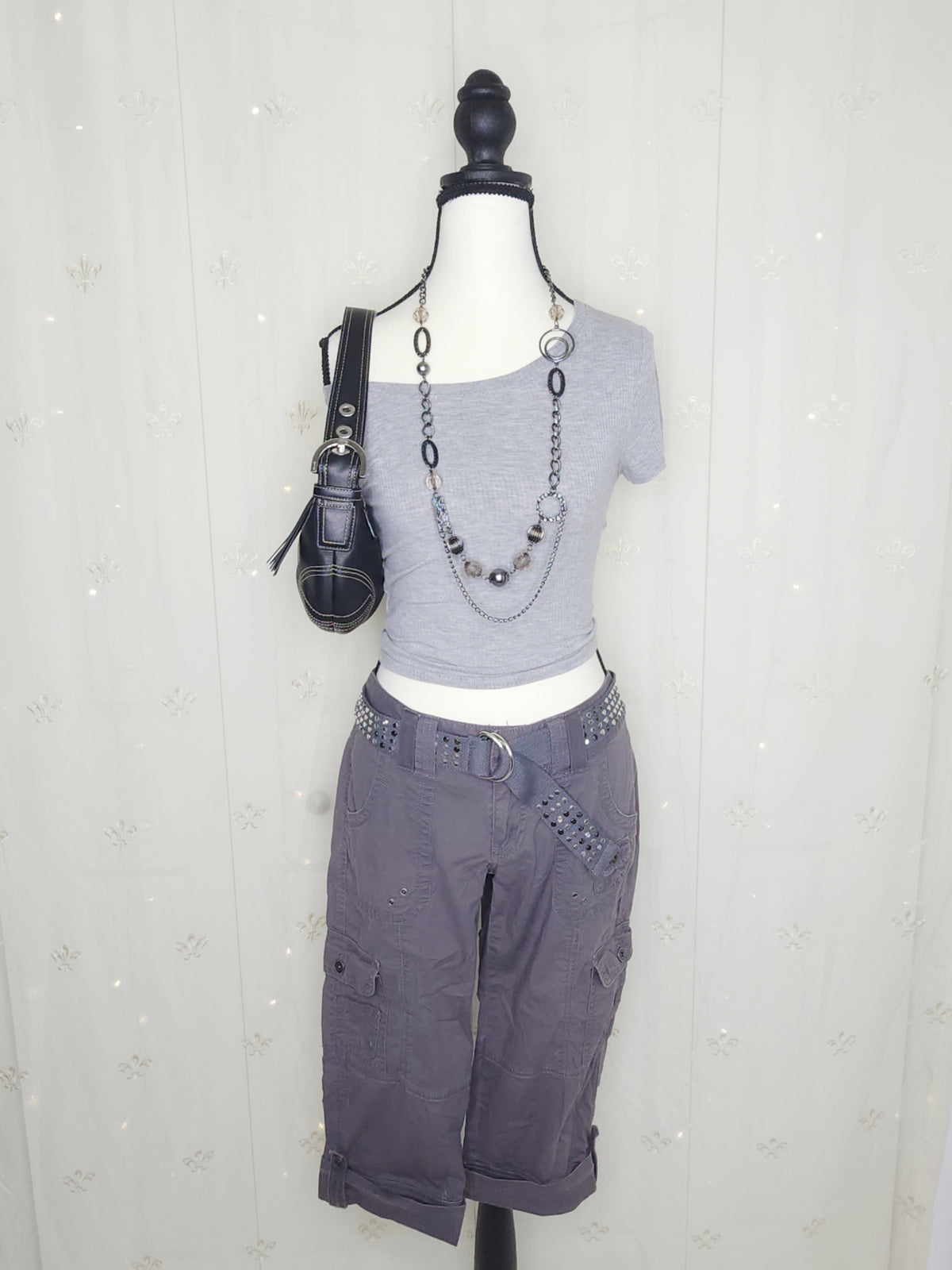 Y2K Grey Lowrise Cargo Capris with Built-In Studded Belt