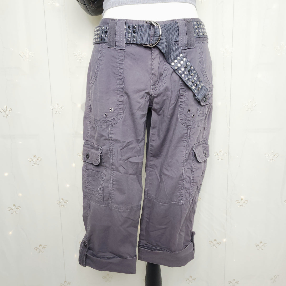 Y2K Grey Lowrise Cargo Capris with Built-In Studded Belt