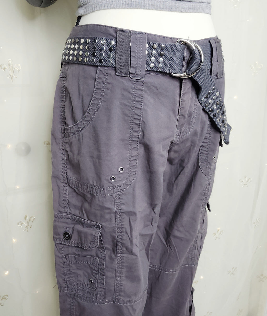 Y2K Grey Lowrise Cargo Capris with Built-In Studded Belt