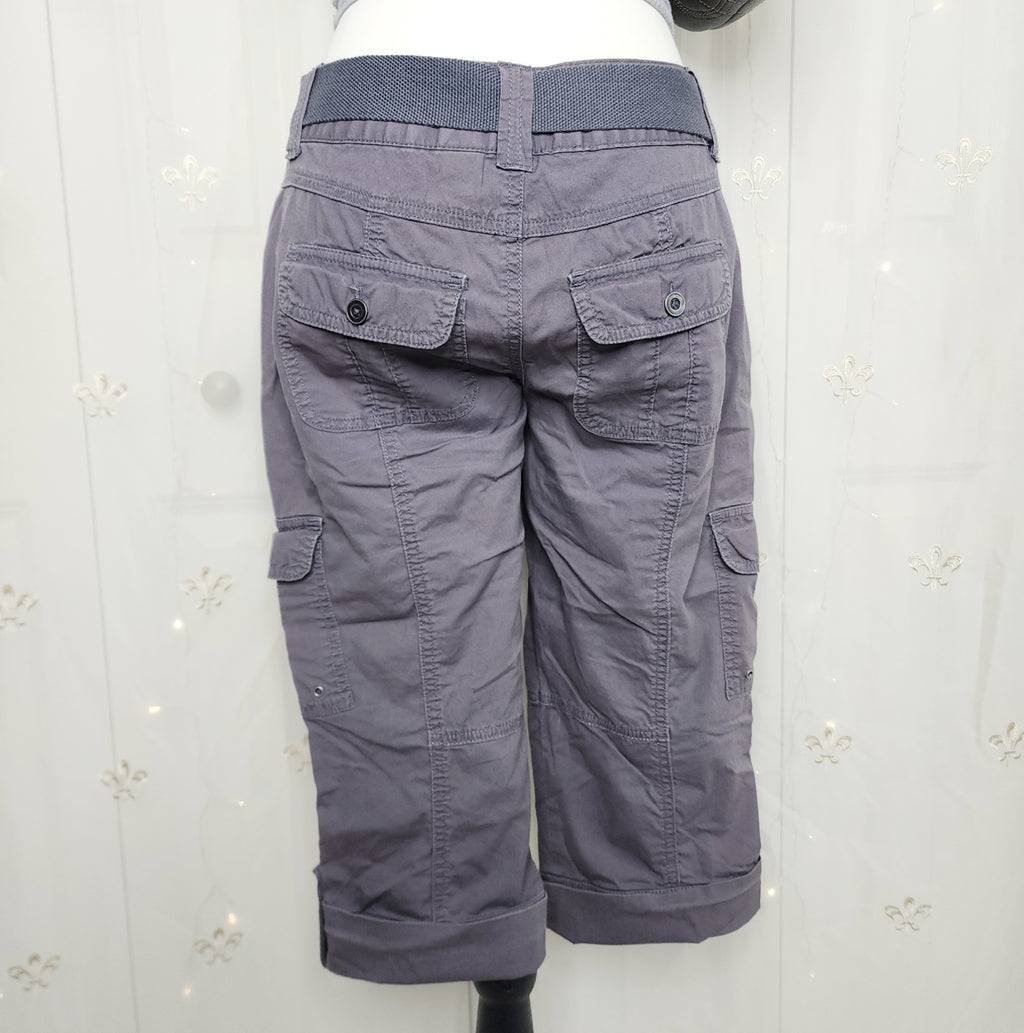 Y2K Grey Lowrise Cargo Capris with Built-In Studded Belt
