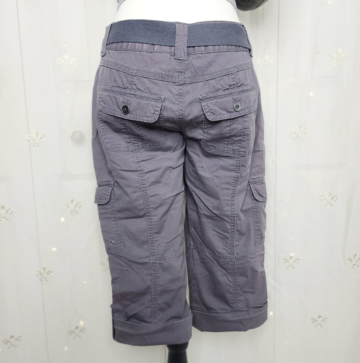 Y2K Grey Lowrise Cargo Capris with Built-In Studded Belt