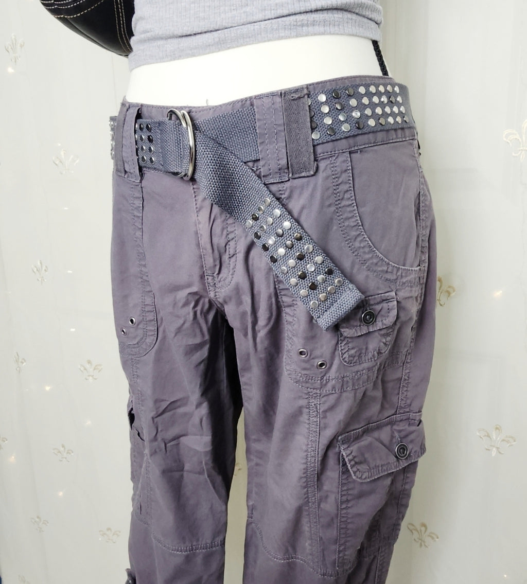 Y2K Grey Lowrise Cargo Capris with Built-In Studded Belt