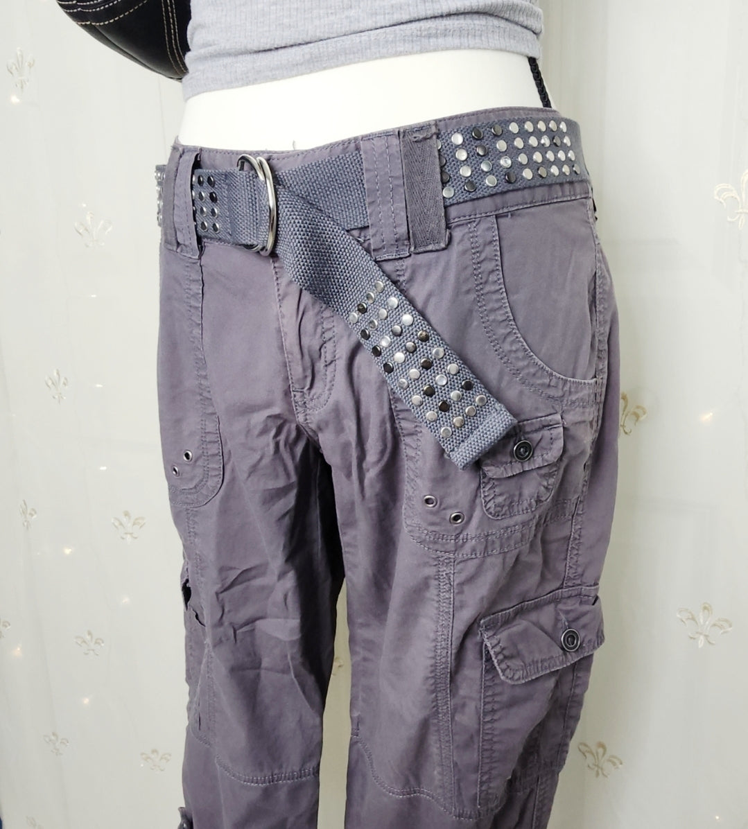 Y2K Grey Lowrise Cargo Capris with Built-In Studded Belt
