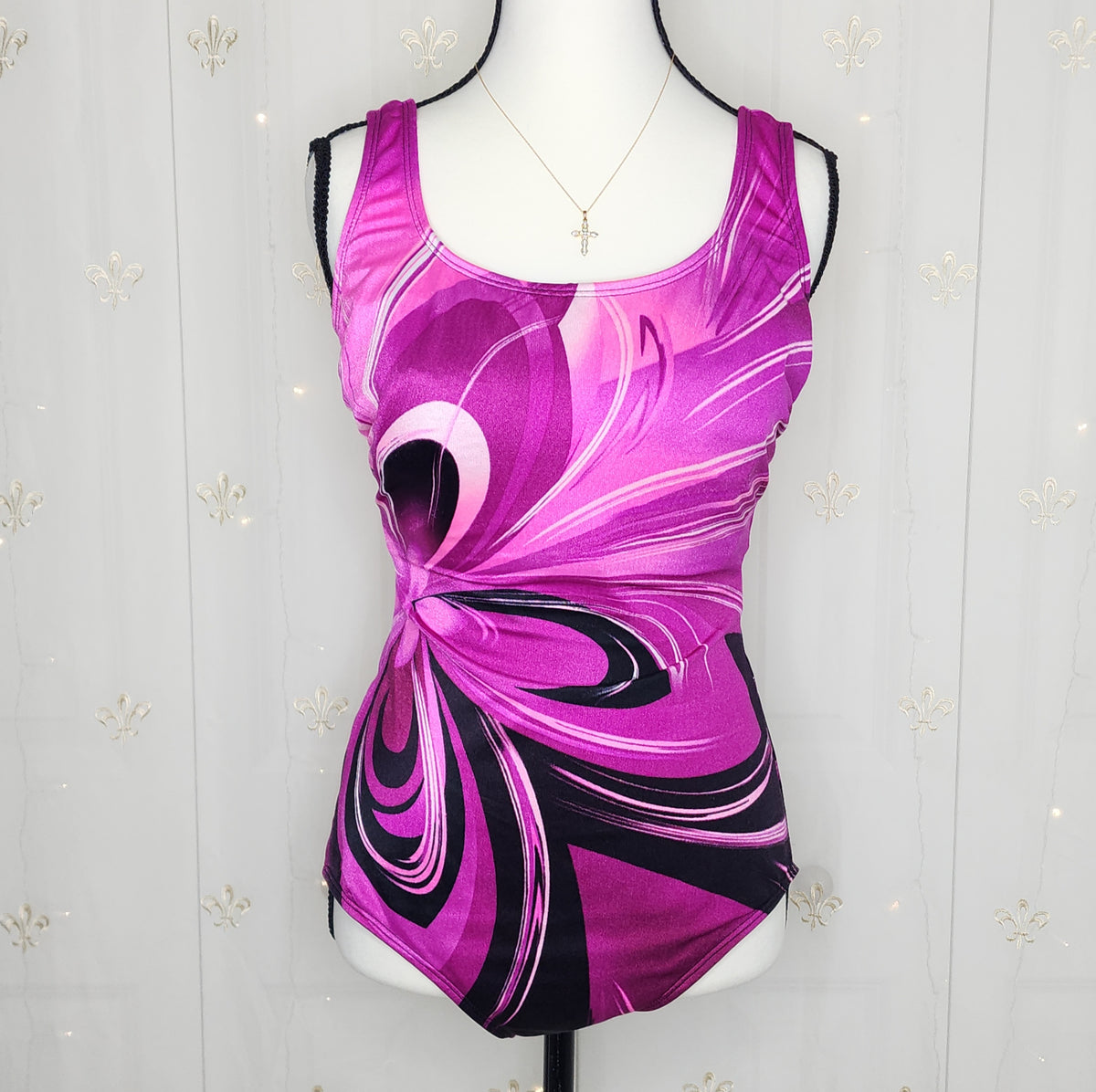 Vintage Magenta N' Black Floral One-Piece Swimsuit