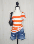 Y2K Orange N' White Striped Off-The-Shoulder Top with Removable Necklace
