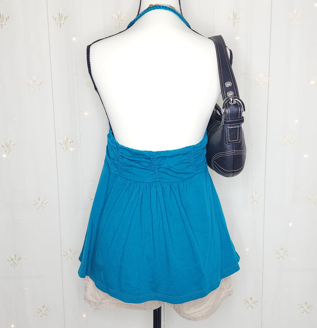 Y2K Babydoll Teal Blue Ruched Flowy Halter Top