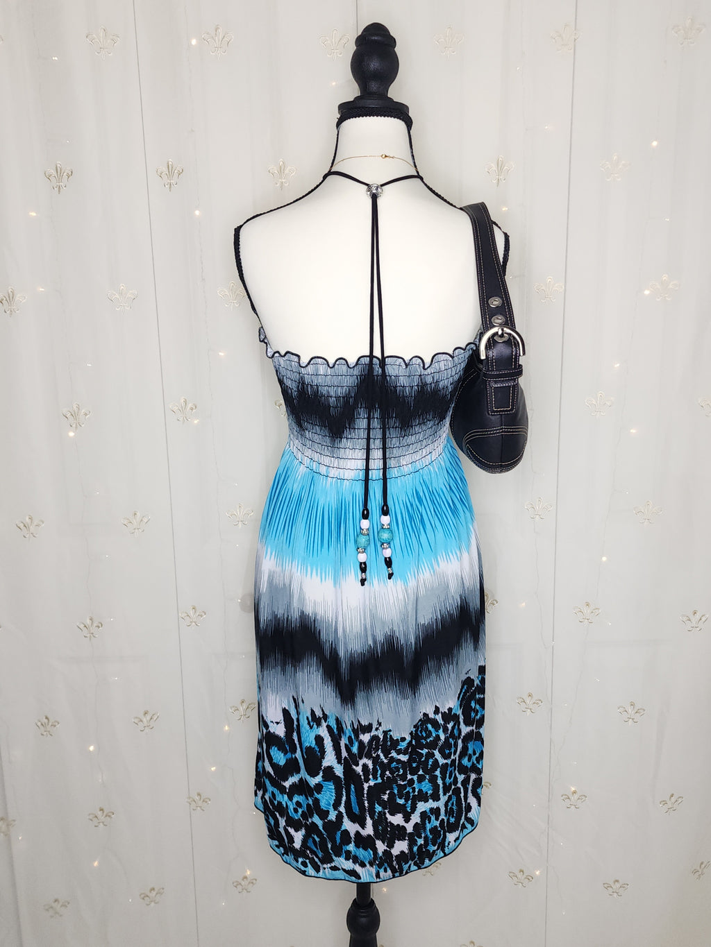 Y2K Blue N' Black Cheetah Animal Print Midi Flowy Halter Dress with Adjustable Straps