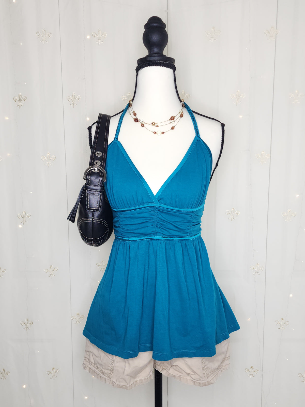 Y2K Babydoll Teal Blue Ruched Flowy Halter Top
