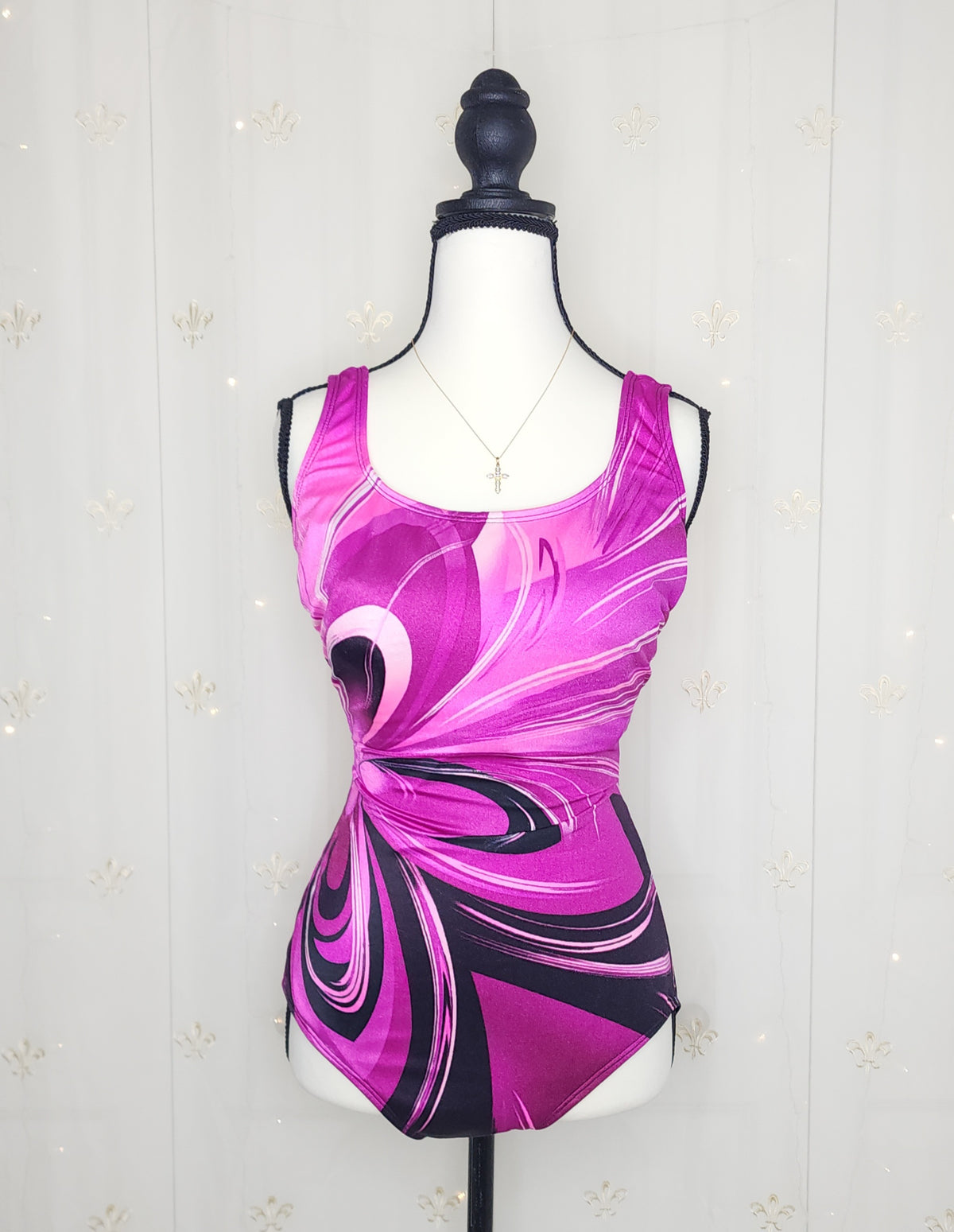 Vintage Magenta N' Black Floral One-Piece Swimsuit