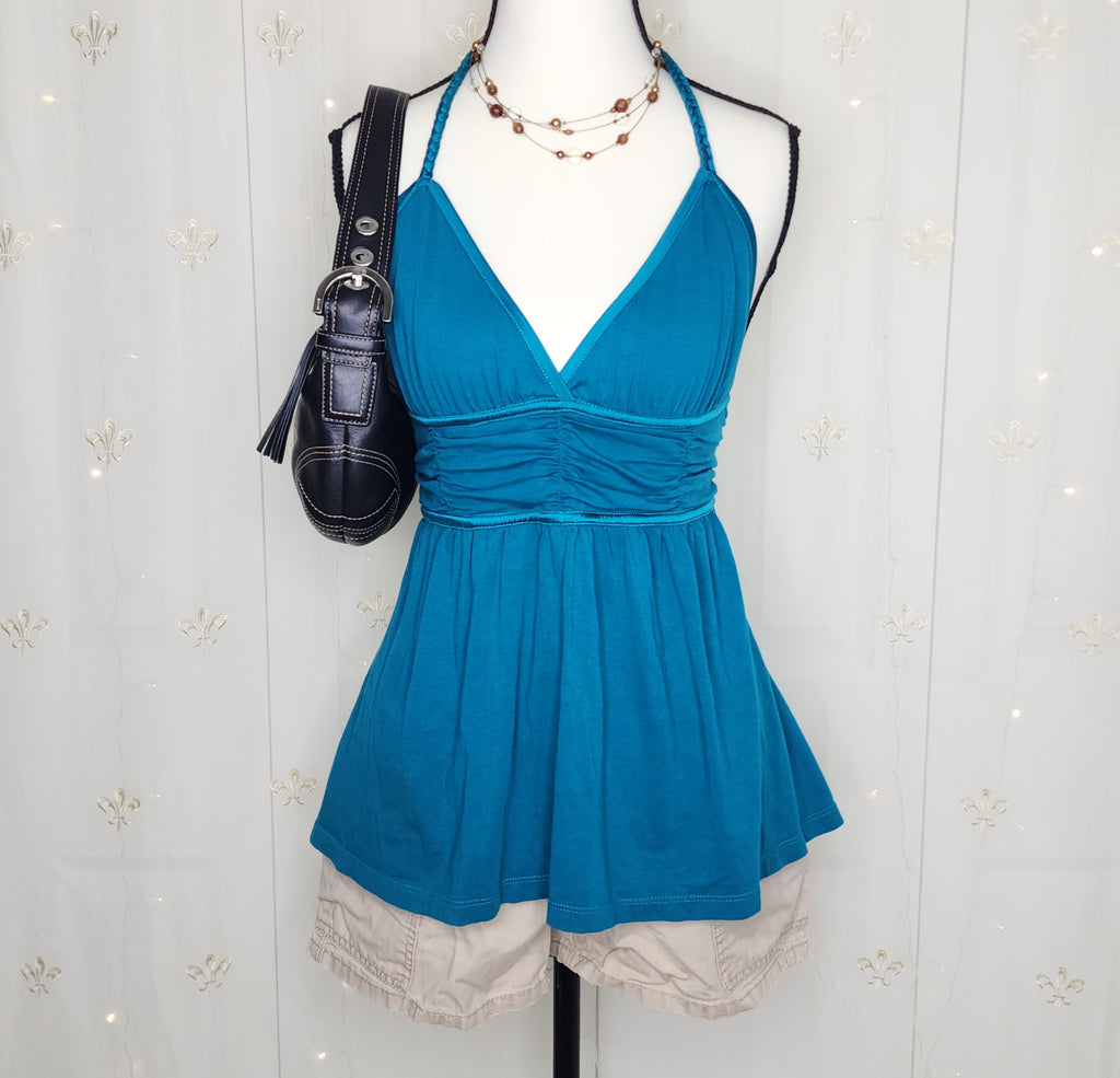 Y2K Babydoll Teal Blue Ruched Flowy Halter Top