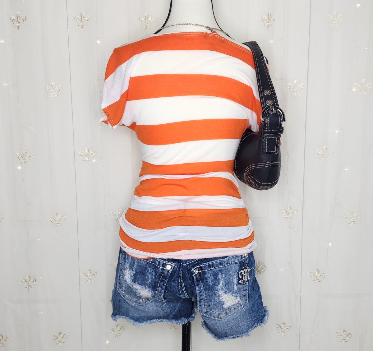 Y2K Orange N' White Striped Off-The-Shoulder Top with Removable Necklace