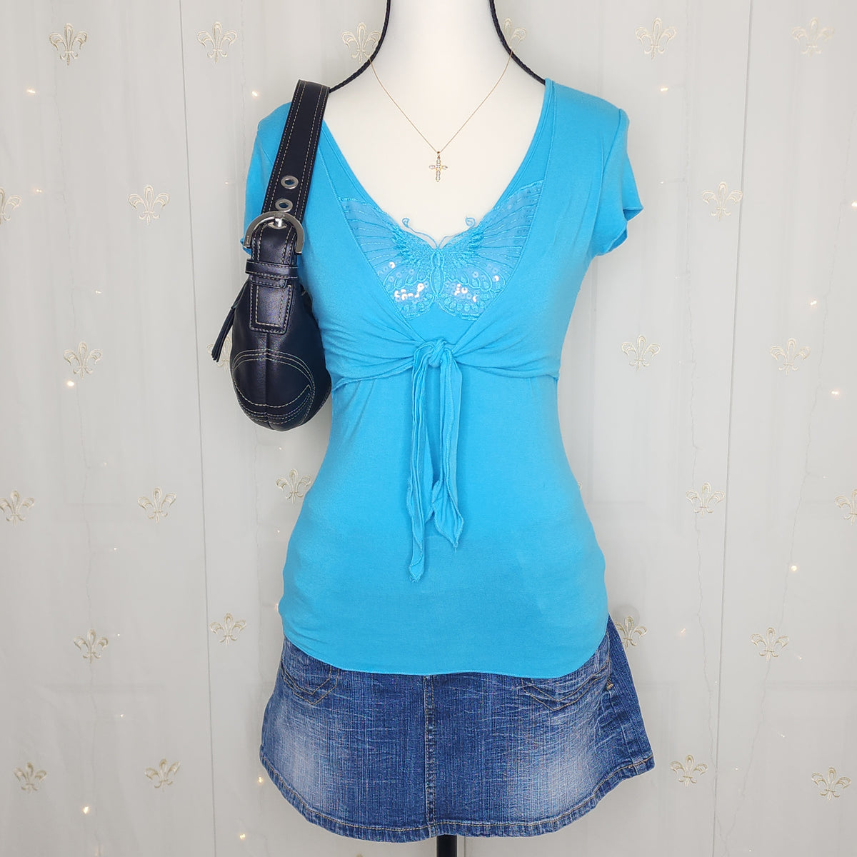 Y2K Styled Blue Boho Butterfly Sequins Top with Front Tie-Up
