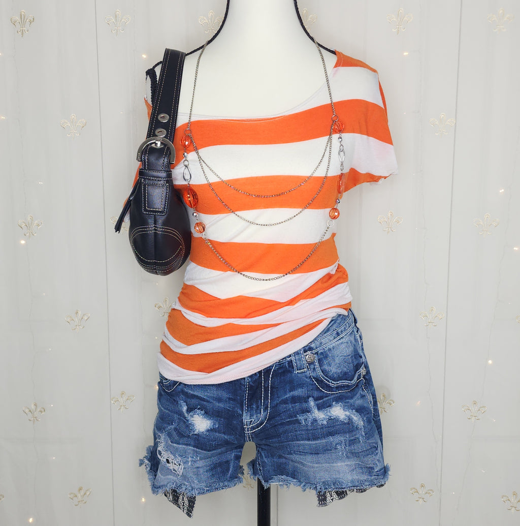 Y2K Orange N' White Striped Off-The-Shoulder Top with Removable Necklace