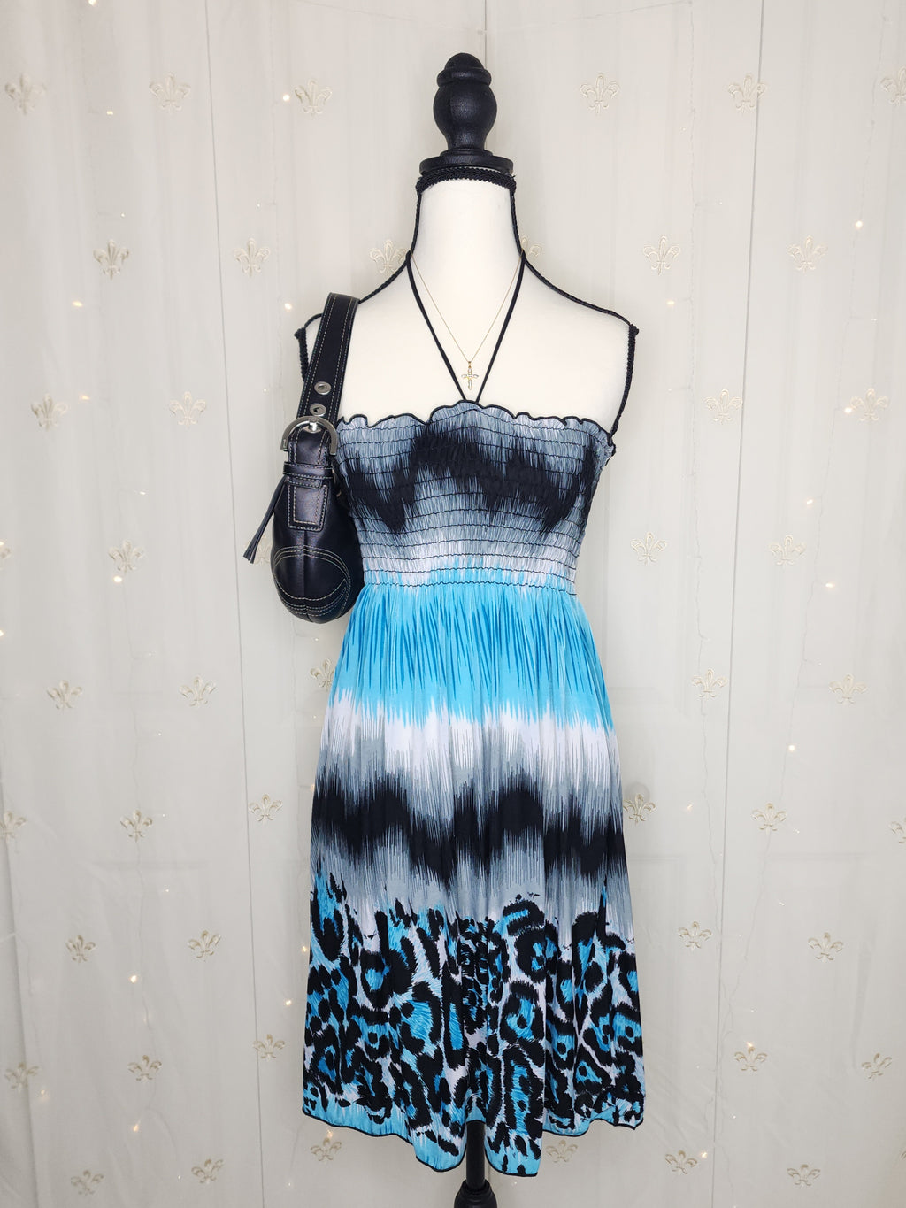Y2K Blue N' Black Cheetah Animal Print Midi Flowy Halter Dress with Adjustable Straps