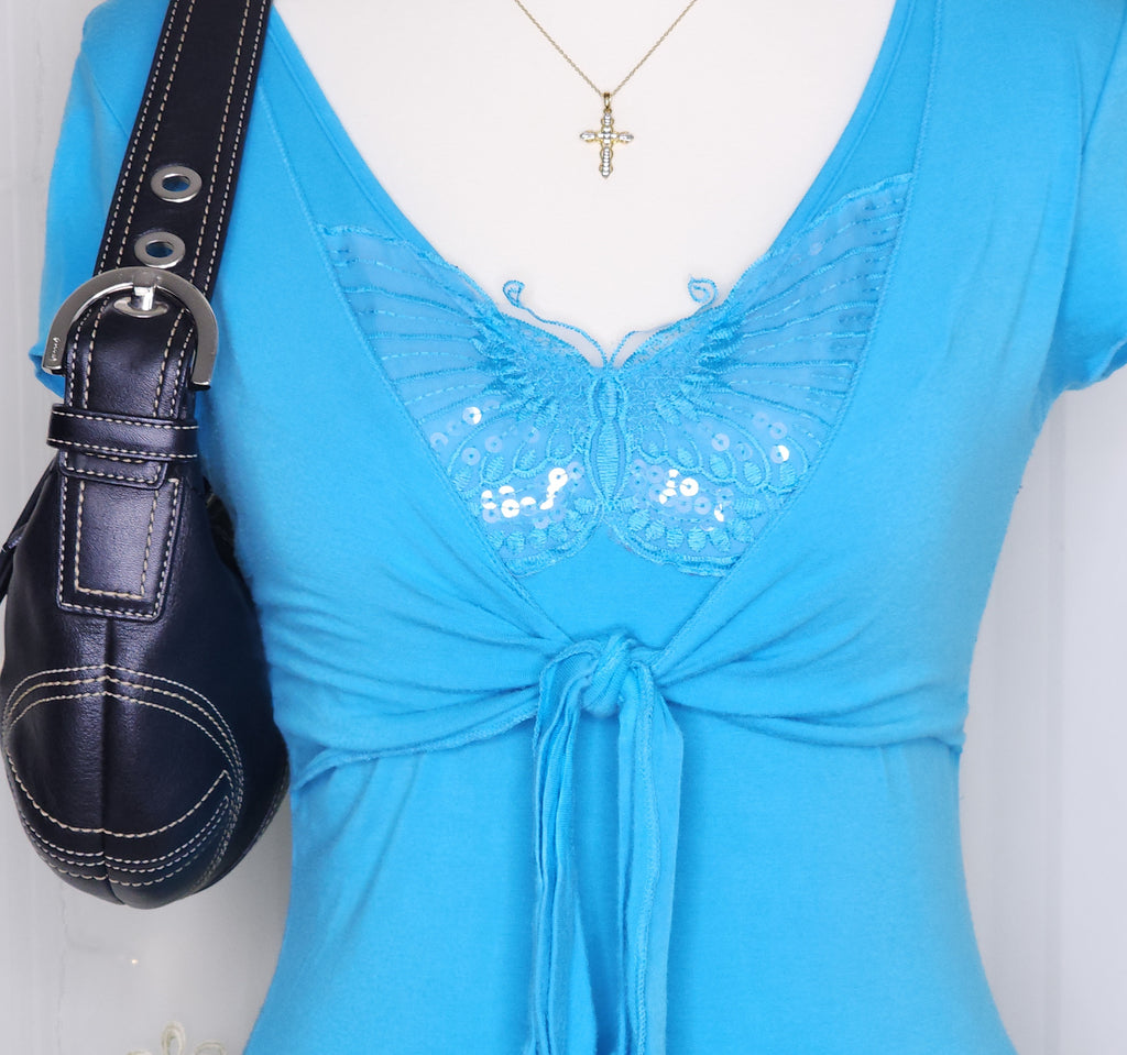 Y2K Styled Blue Boho Butterfly Sequins Top with Front Tie-Up