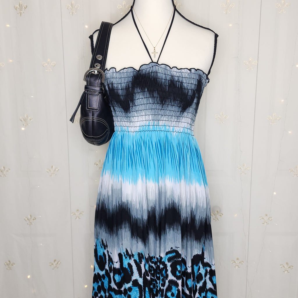 Y2K Blue N' Black Cheetah Animal Print Midi Flowy Halter Dress with Adjustable Straps
