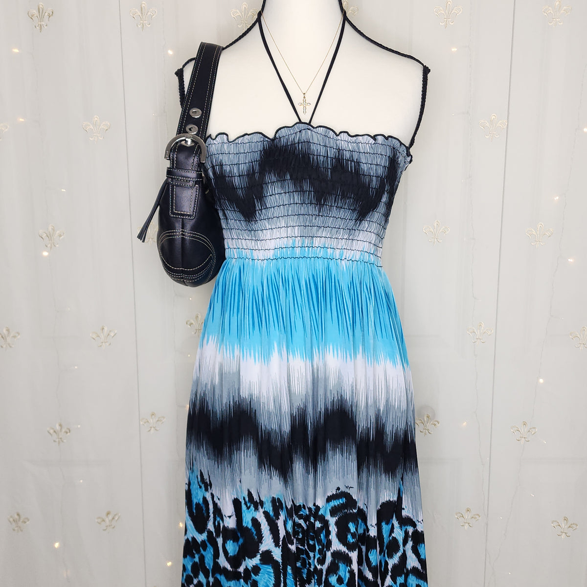 Y2K Blue N' Black Cheetah Animal Print Midi Flowy Halter Dress with Adjustable Straps
