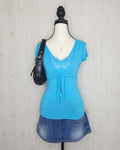 Y2K Styled Blue Boho Butterfly Sequins Top with Front Tie-Up